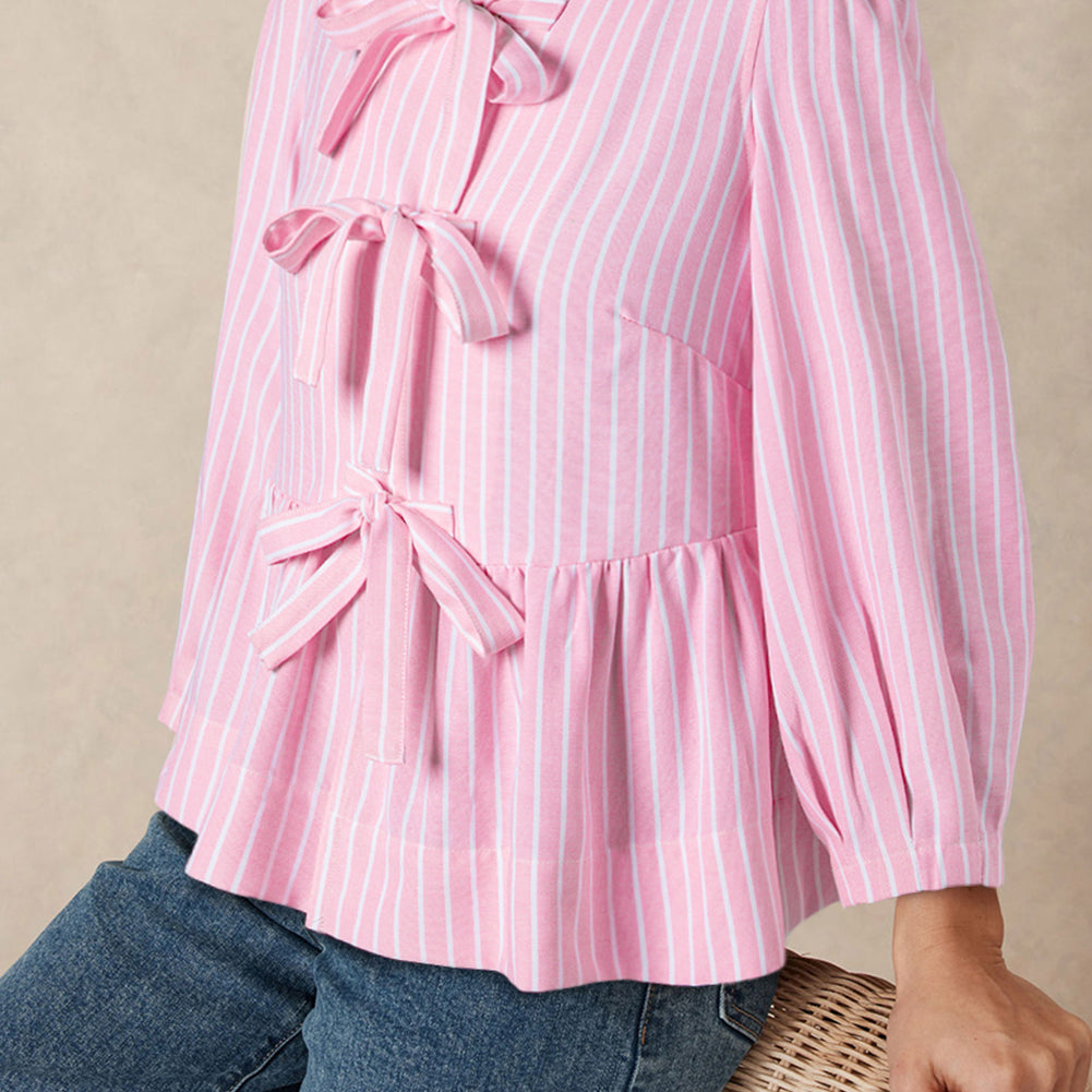 Pink Stripe Bowknot Front Crew Neck Puff Sleeve Blouse