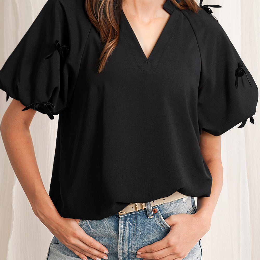 Black Bow Decor Puff Sleeve Split Neck Blouse