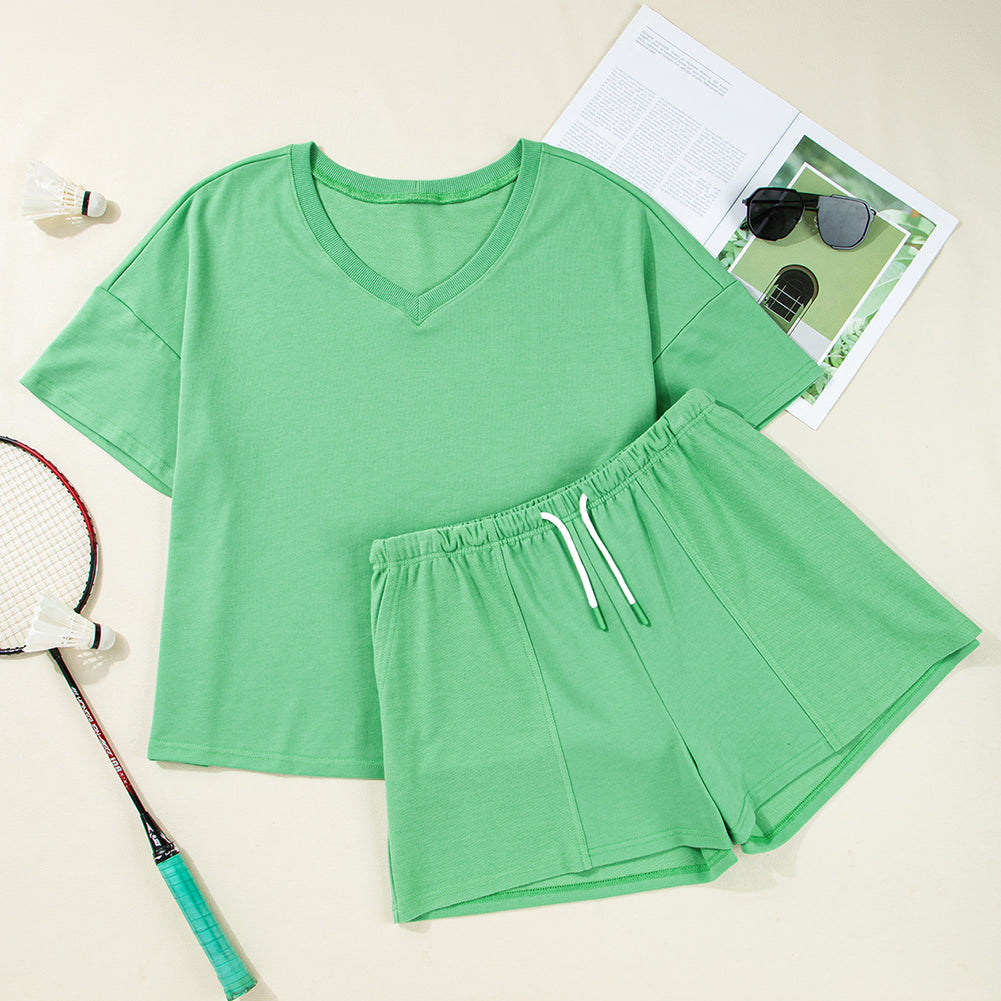 Mint Green Plus Size V Neck Tee Patched Pocket Drawstring Shorts Set