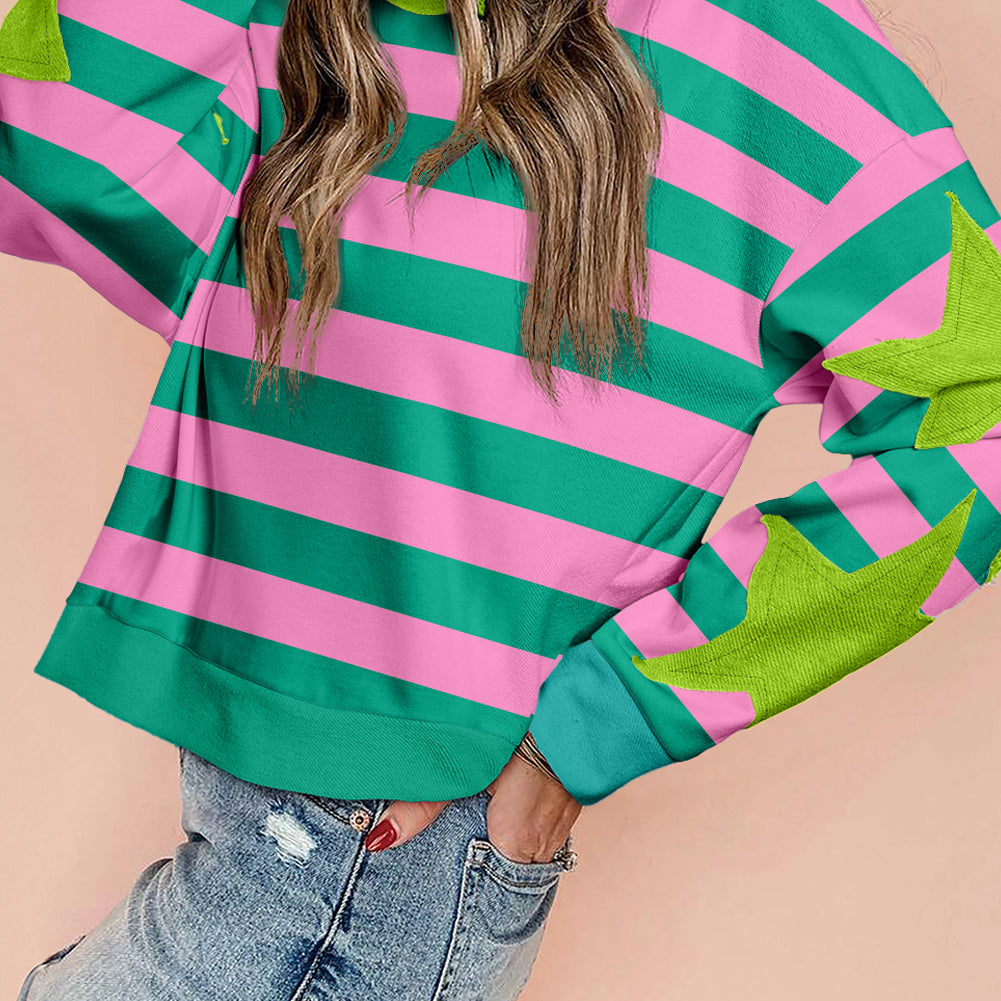 Pink Stripe Star Patchwork Round Neck Pullover Sweatshirt