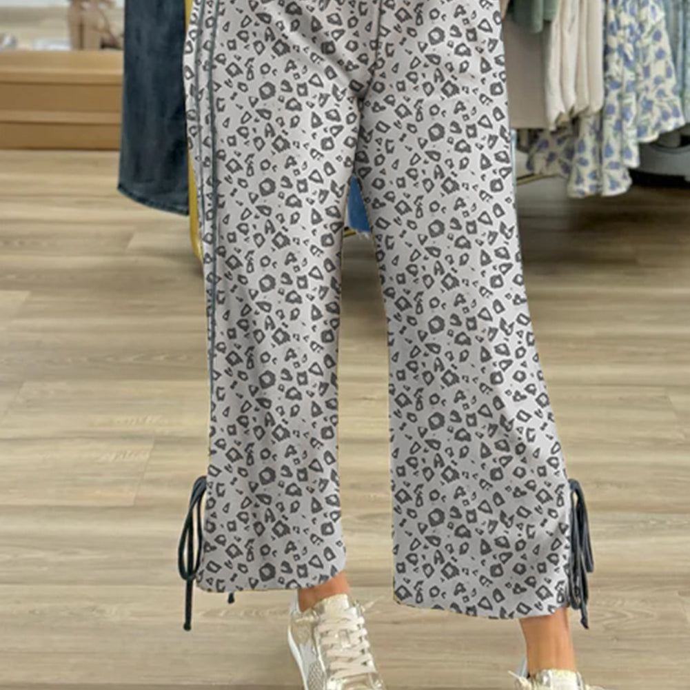 Gray Leopard High Waist Side Bow Straight Leg