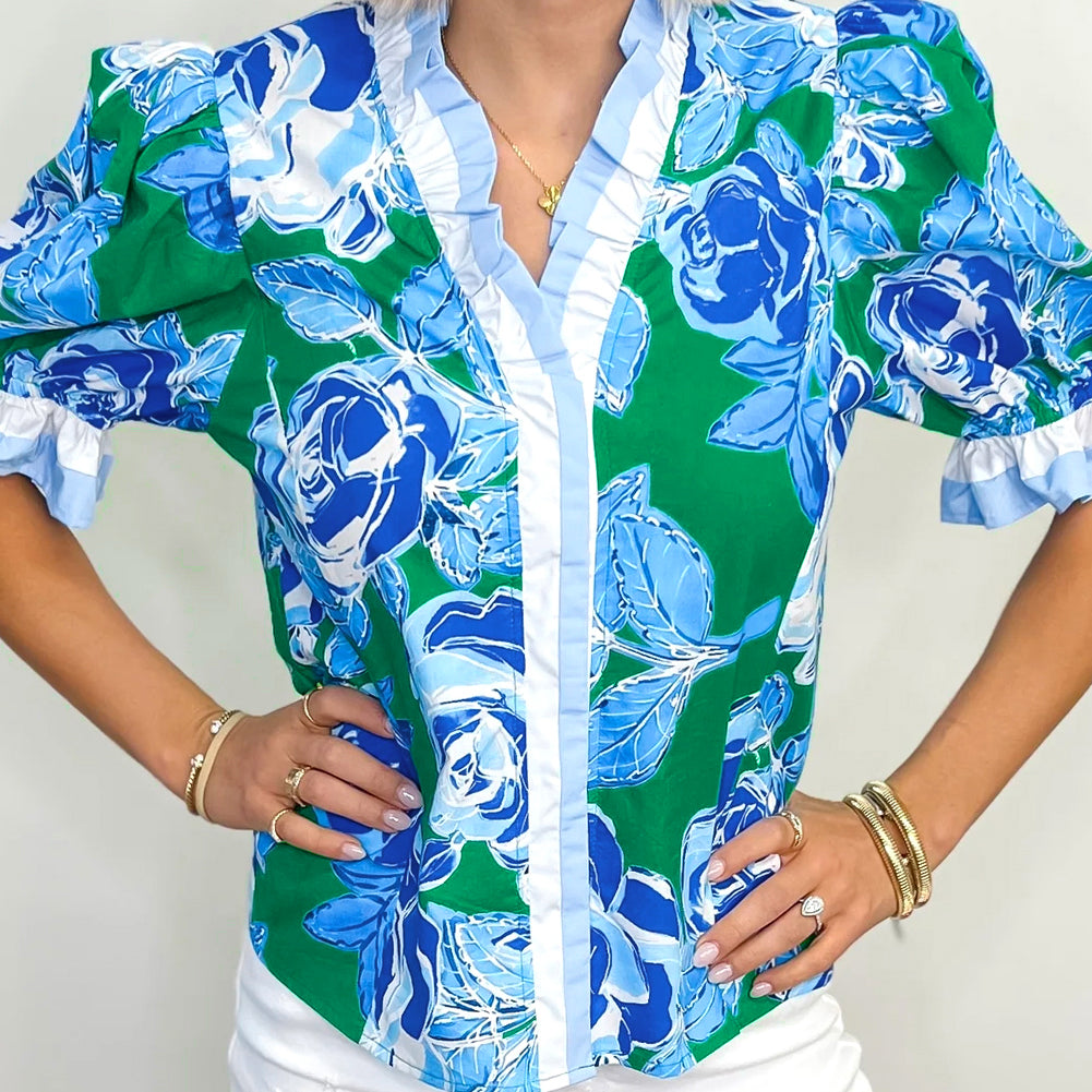 Bright Green Floral Frilled V Neck Short Sleeve Blouse Top