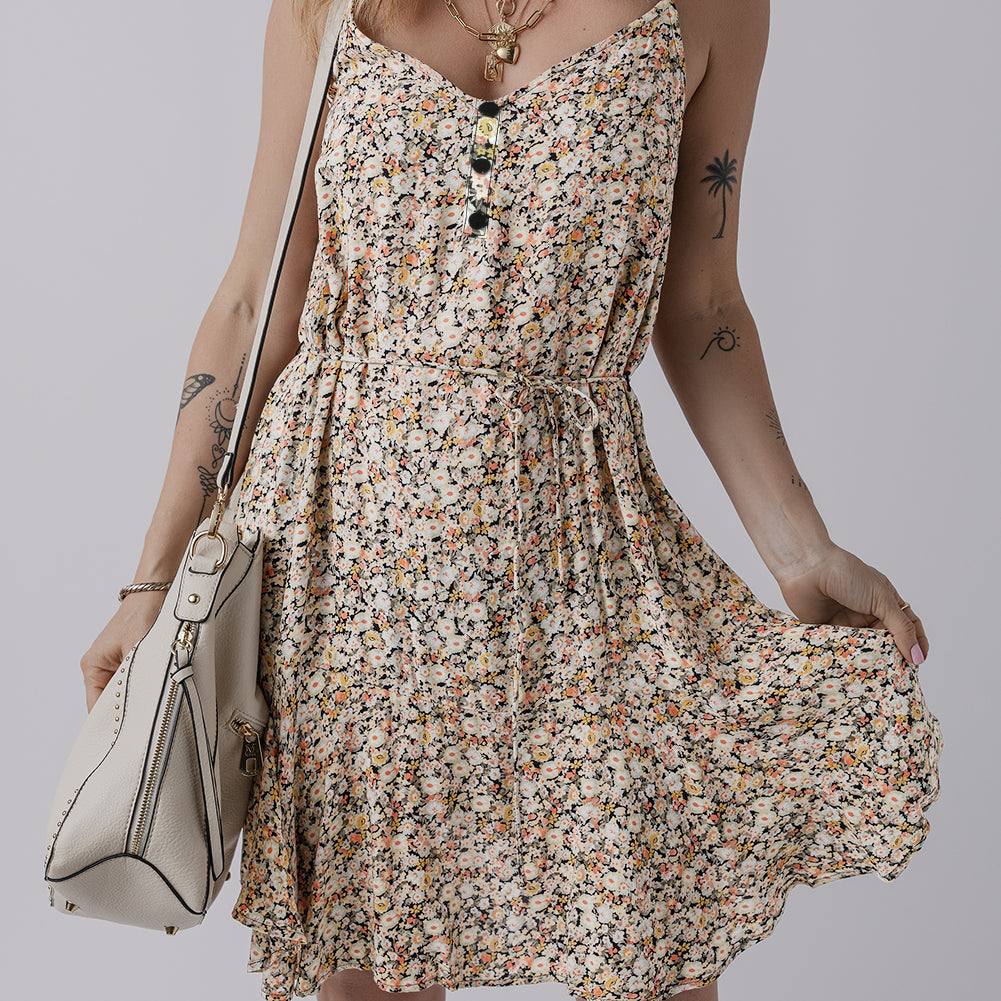 Khaki Boho Floral Printed Tie Waist Flared Sundress