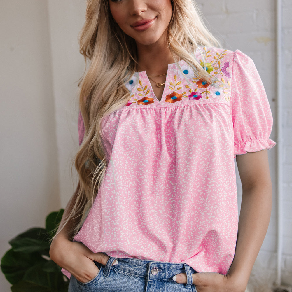 Sky Blue Floral Embroidered Puff Sleeve Notched V Neck Blouse