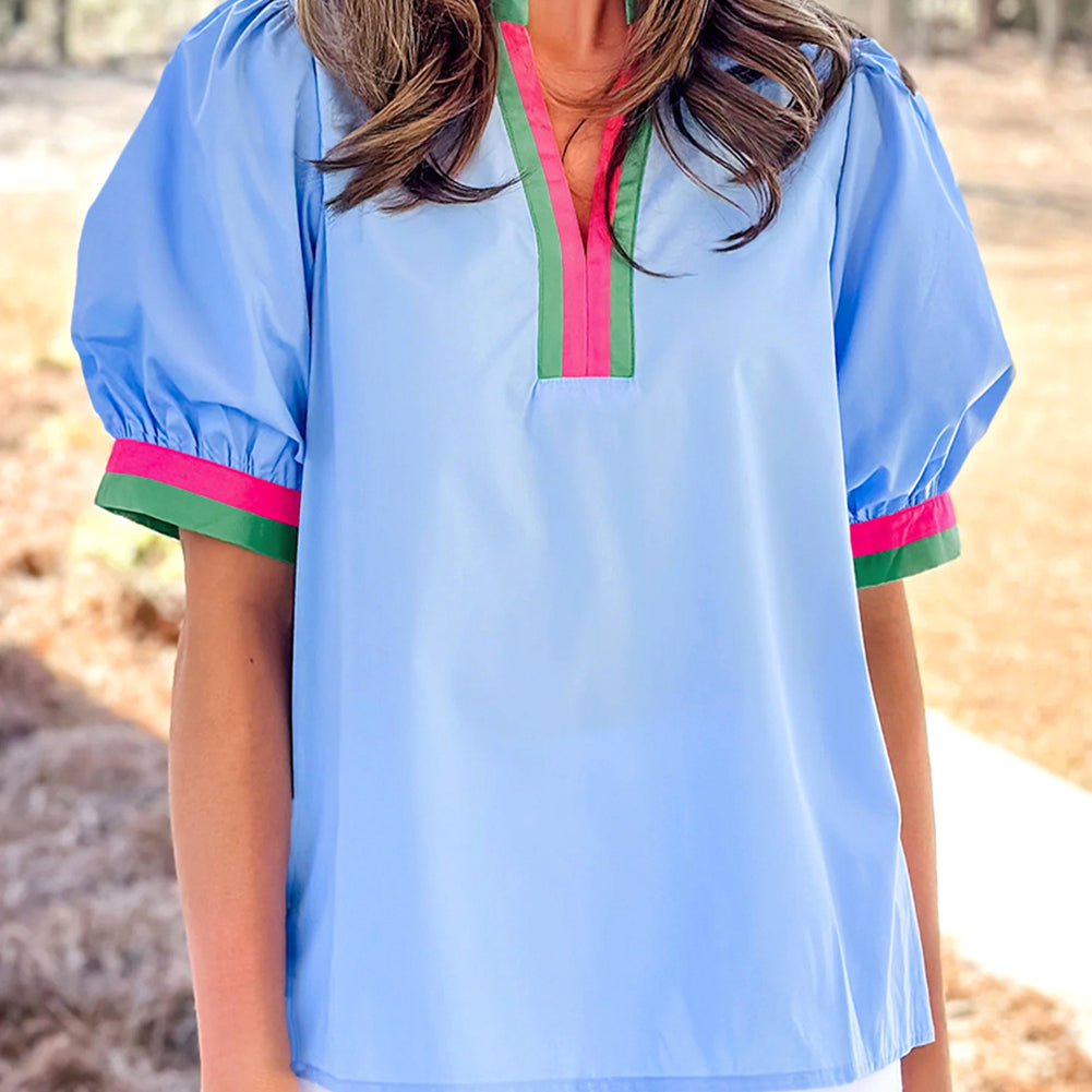 Pink Contrast Striped V Neck Collision Short Puff Sleeve Blouse