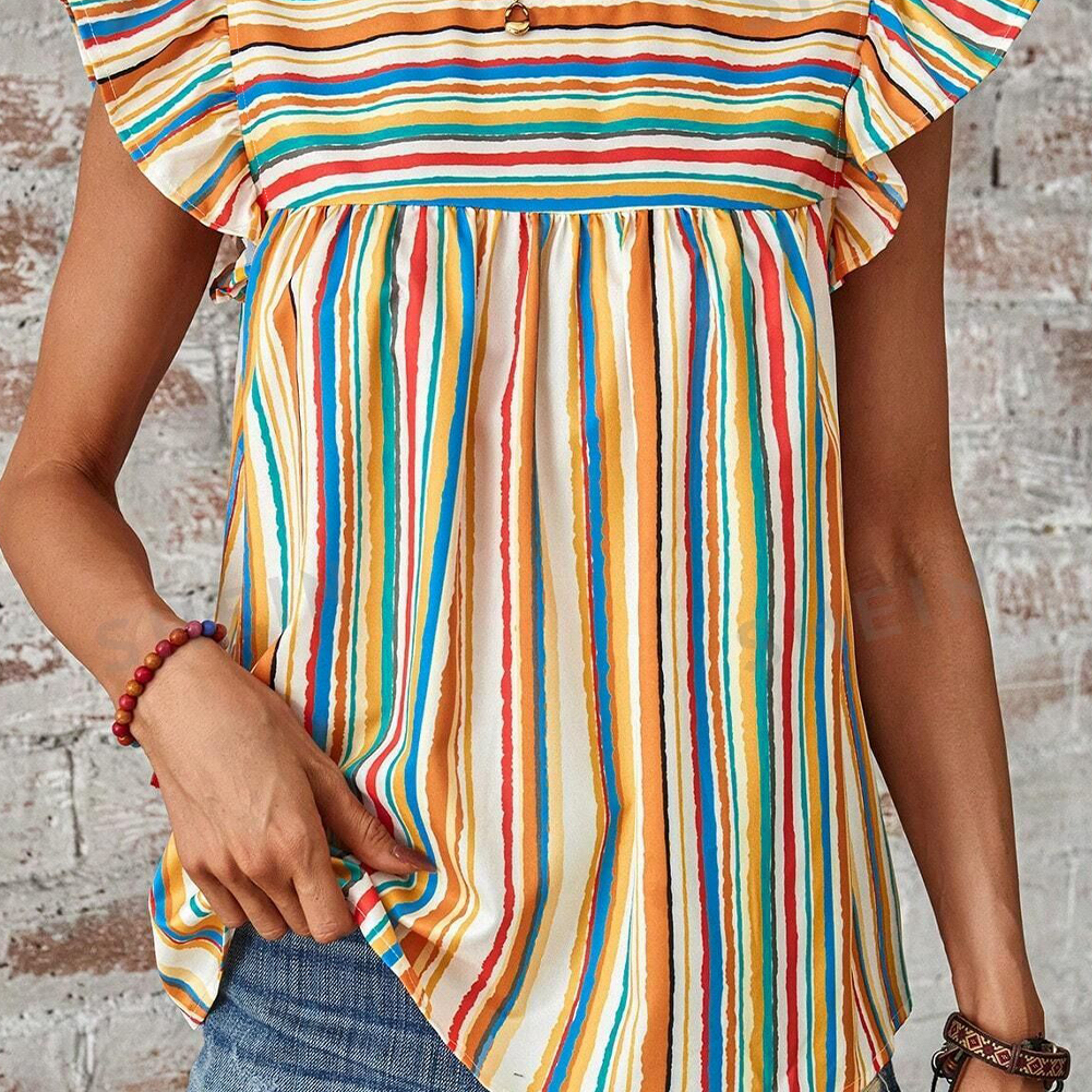 Multicolour Vibrant Stripes Printed Flutter Sleeve Babydoll Blouse