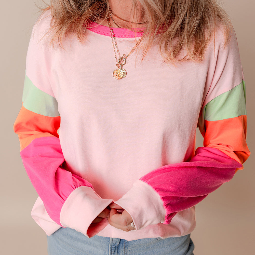 Green Colorblock Patchwork Long Sleeve Loose Top