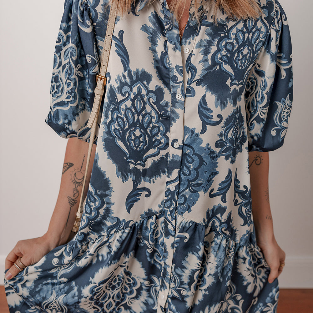 Blue Boho Floral Print Buttoned Collared Loose Fit Mini Dress