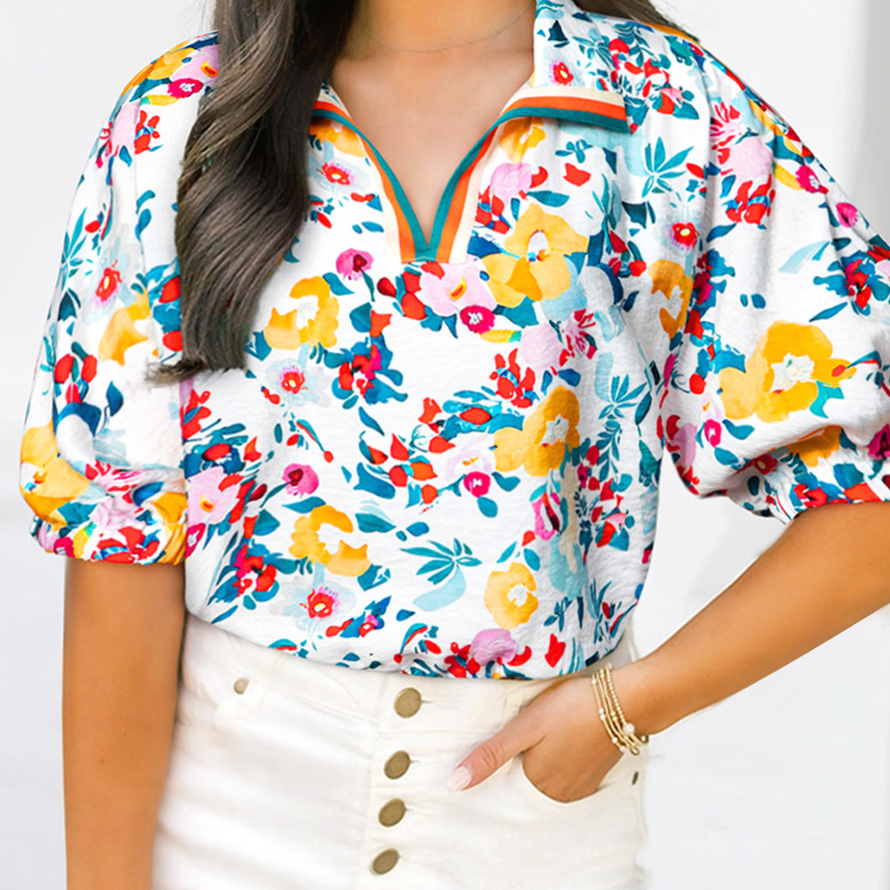 Pink Floral Print Slit V Neck Short Sleeve Blouse
