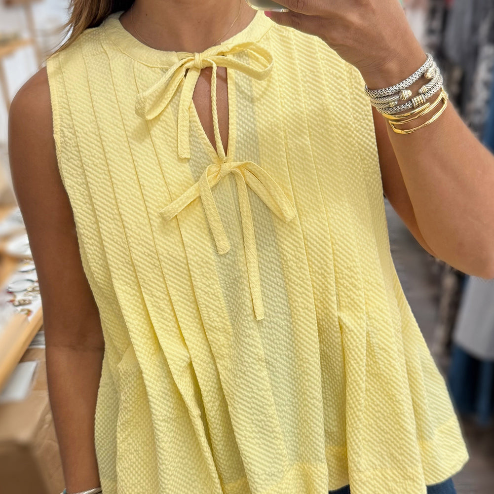 Yellow Cream Bow Tie Notched Neck Pleated Tank Top