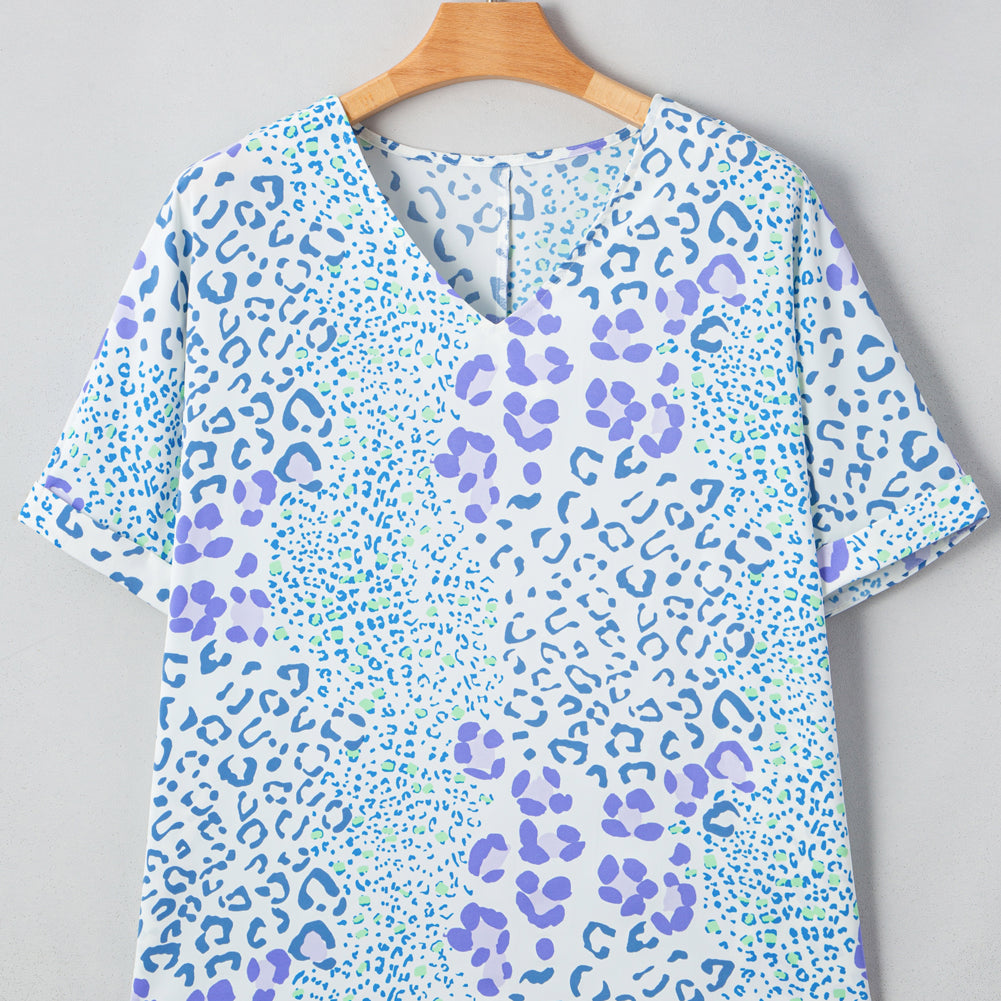 Sky Blue Leopard Print Short Sleeve V Neck Plus Size Top
