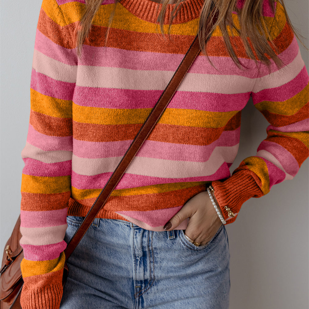 Gray Stripe Color Block Ribbed Edge Round Neck Sweater