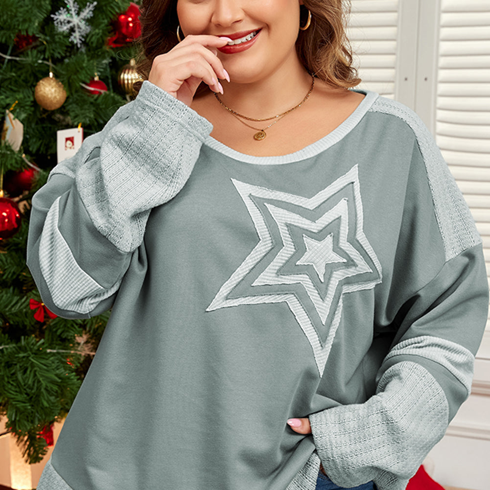 Mist Green Stars Patchwork Round Neck Plus Size T Shirt