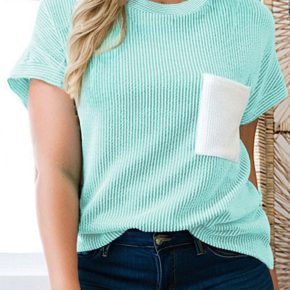 Light Blue Twisted Rib Contrast Pocket Knit Crew Neck Plus Size T Shirt