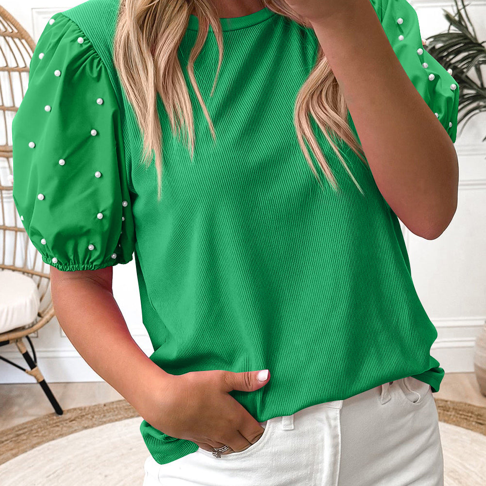 Black Ribbed Pearl Beaded Puff Sleeve Top