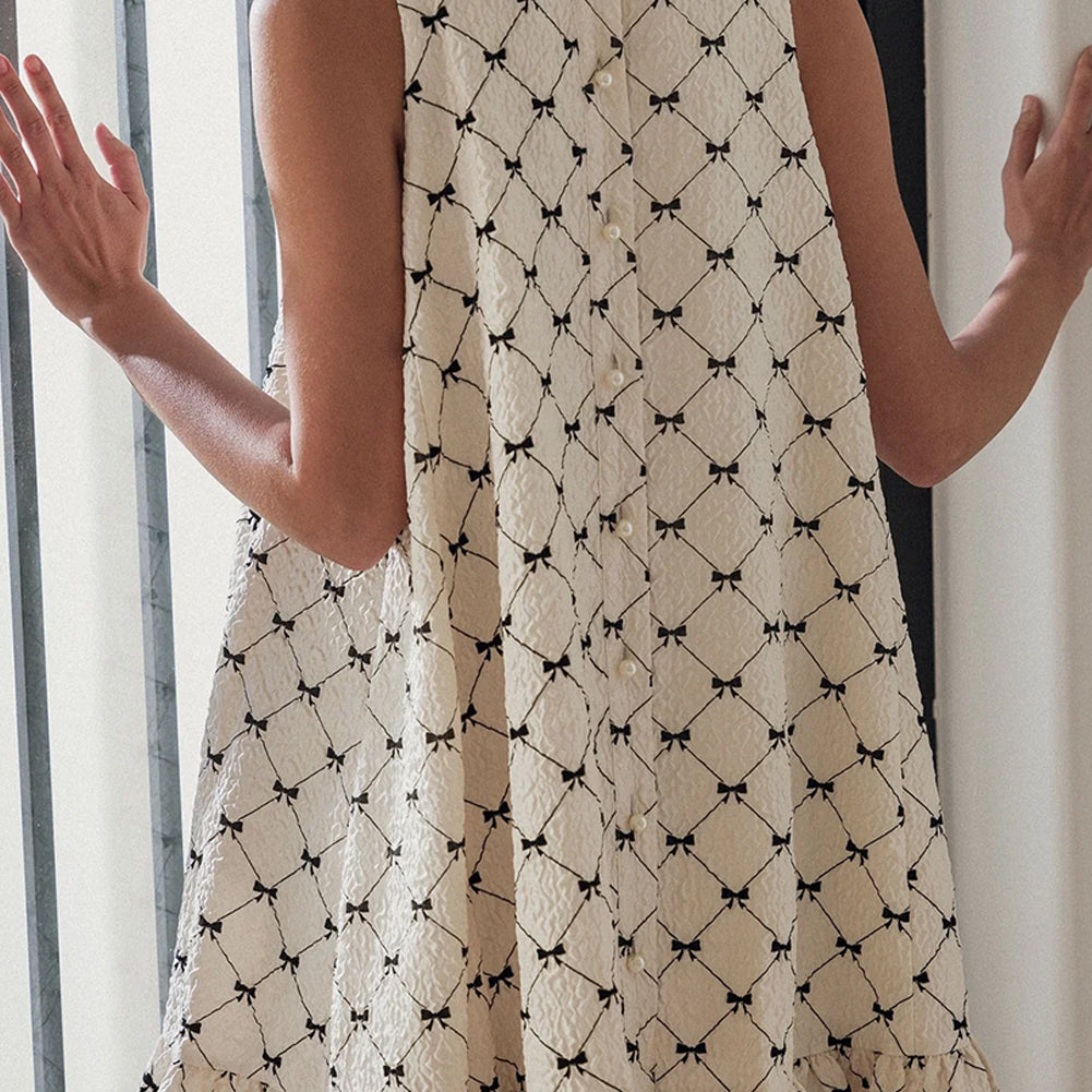 White Bow Checker Pearled Buttons Back Ruffled Sleeveless Mini Dress
