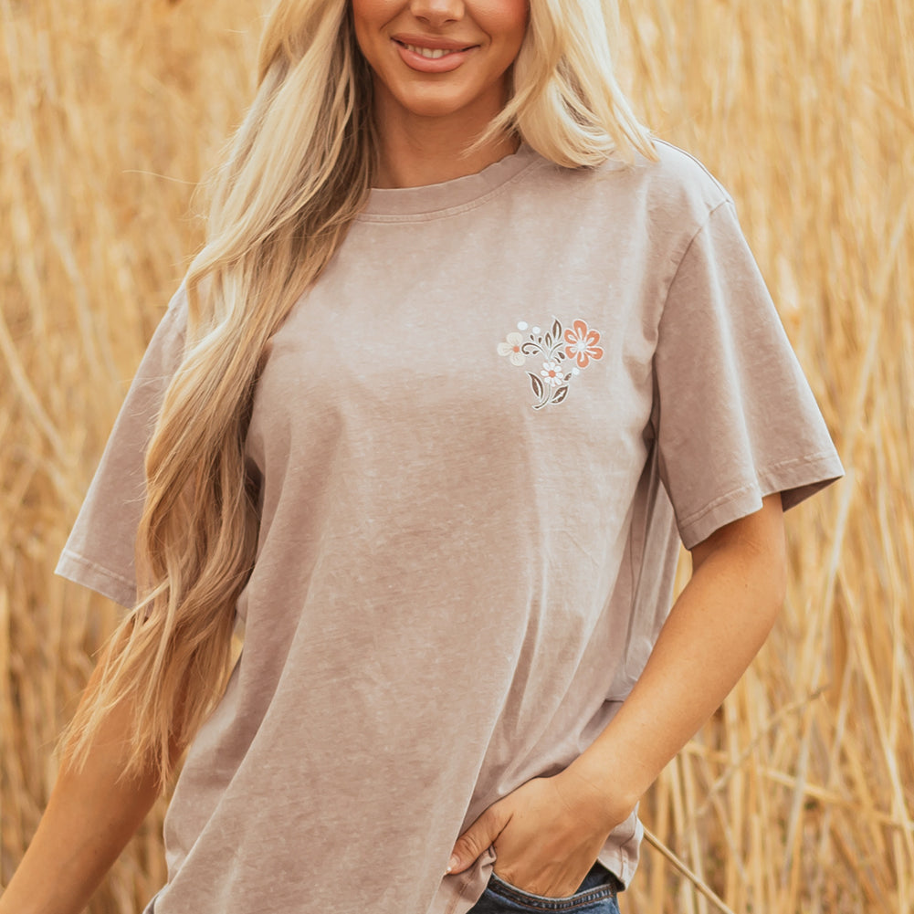 Smoke Gray Mineral Wash Floral Steer Head Printed Back Western Fashion Tee