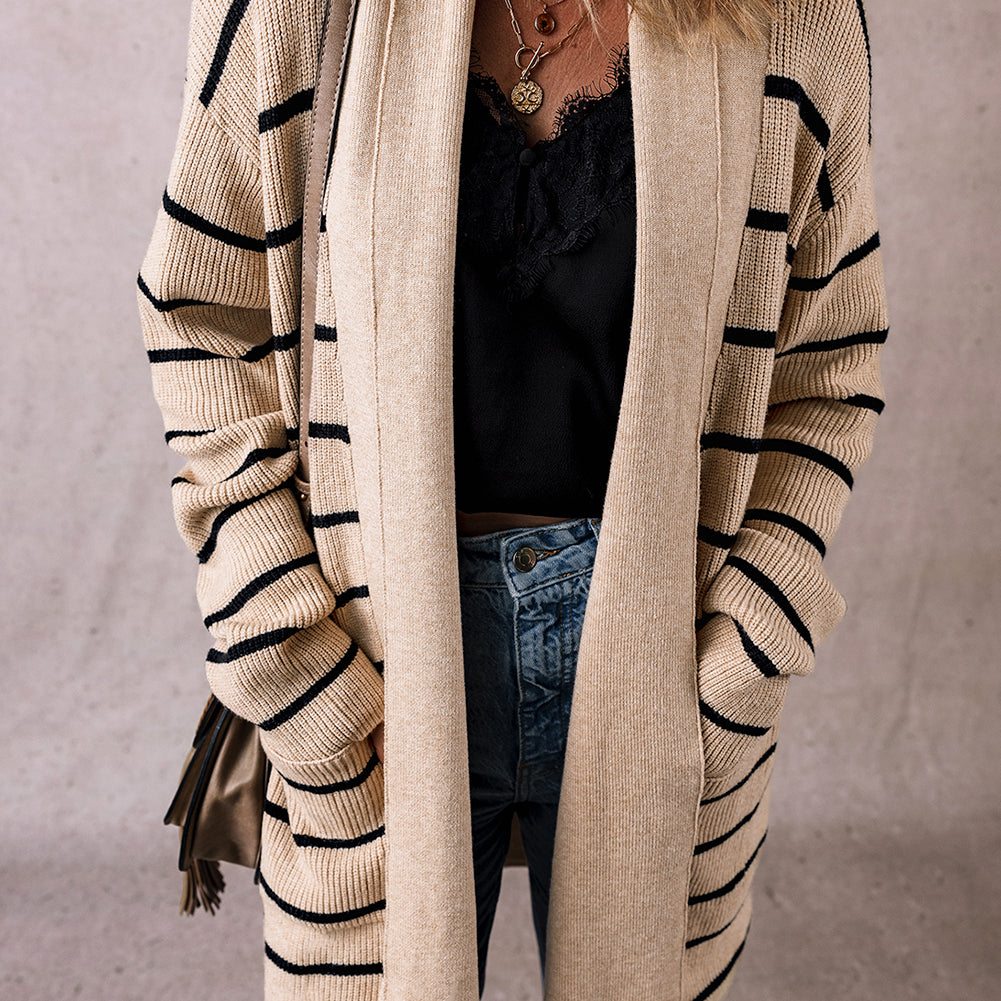 Black Stripe Shawl Neckline Open Cardigan with Pockets