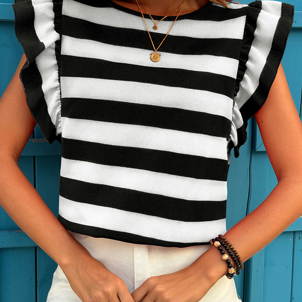 Green Stripe Flutter Sleeve Round Neck T Shirt