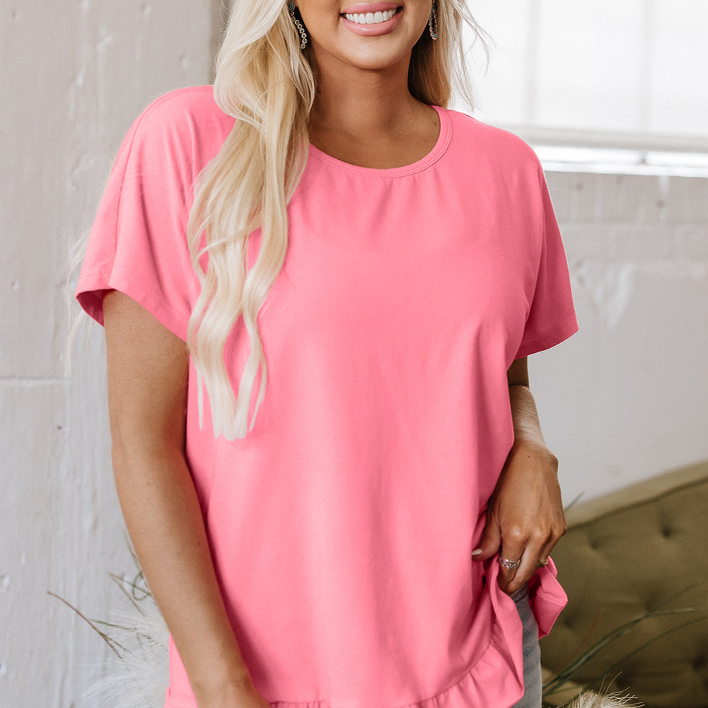 Pink Frilled Hem Loose T-Shirt