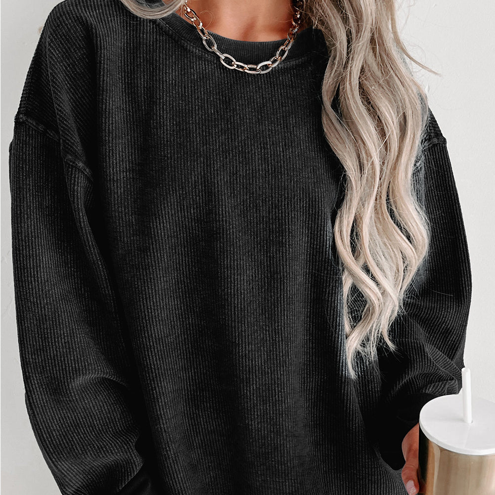 Gray Solid Ribbed Knit Round Neck Pullover Sweatshirt