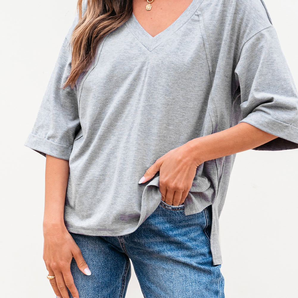 High Raglan Half Sleeve V Neck Oversized T Shirt