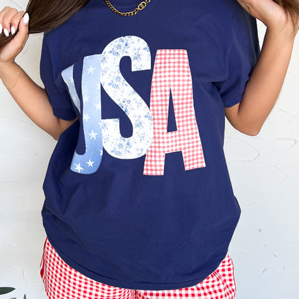 Blue USA Graphic July 4th Crew Neck T Shirt