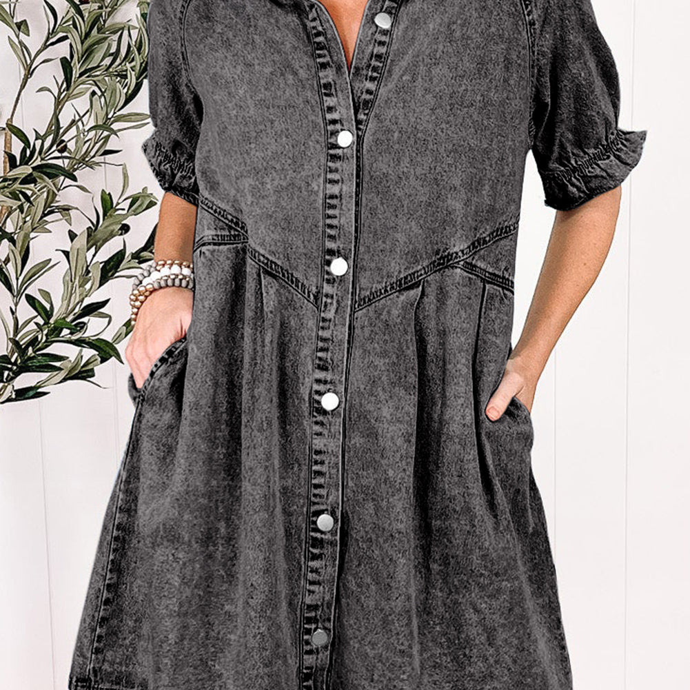 Beau Blue Mineral Wash Ruffled Short Sleeve Buttoned Denim Dress