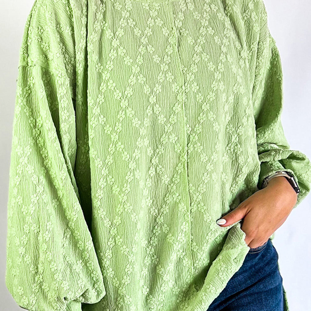 Light Green Solid Color Textured Side Split Crew Neck Blouse