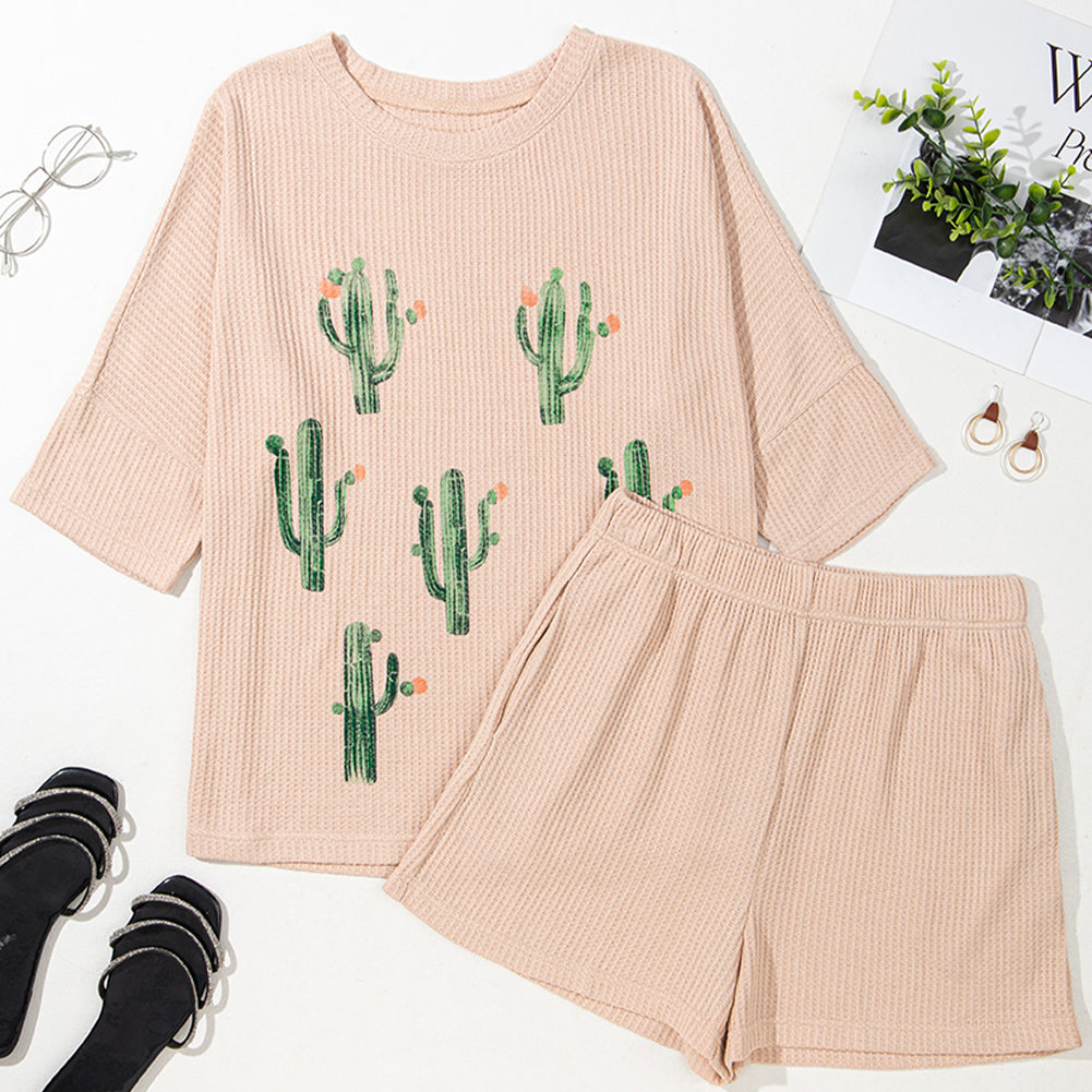 Light French Beige Cactus Forest Waffle Half Sleeve Tee Short Set