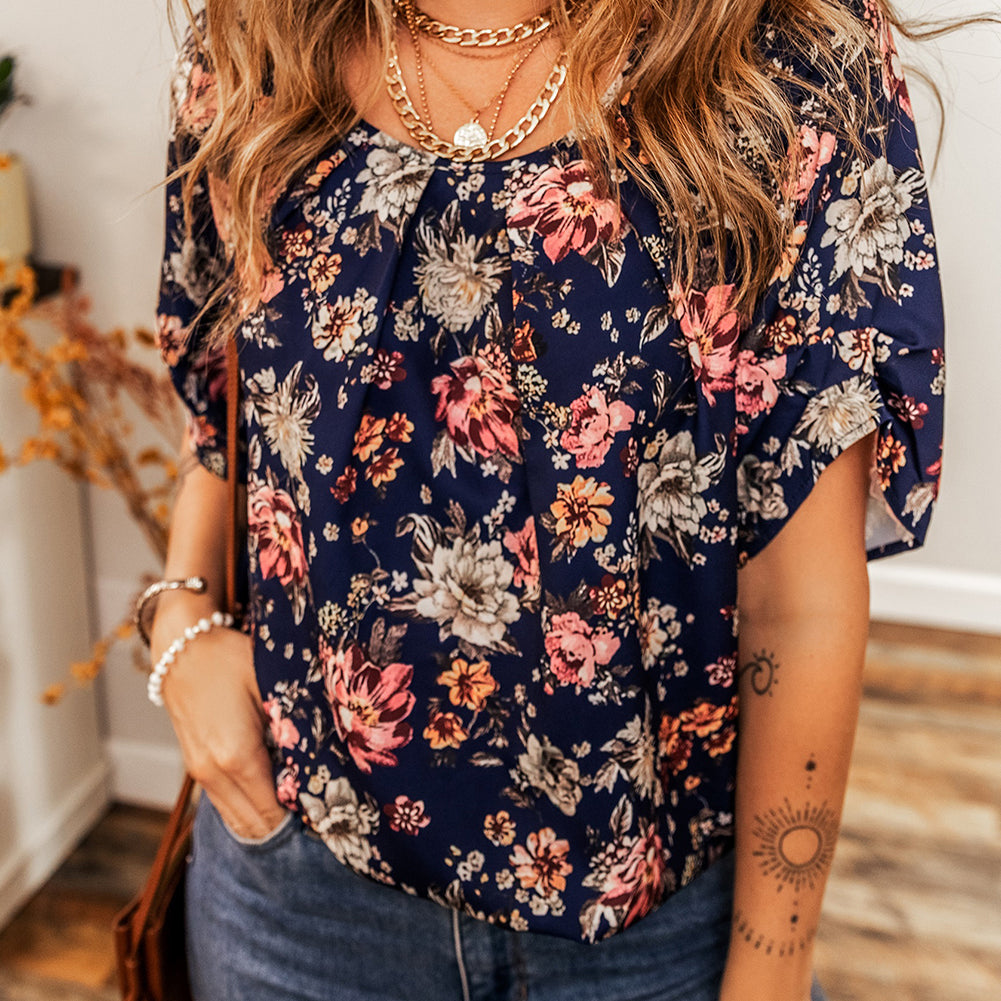 Blue Floral Short Sleeve Scoop Neck Casual Blouse