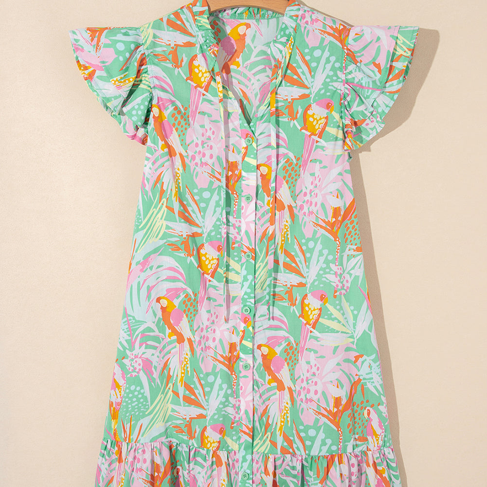 Pink Abstract Floral Ruffle Trim Flutter Sleeve Buttoned Dress