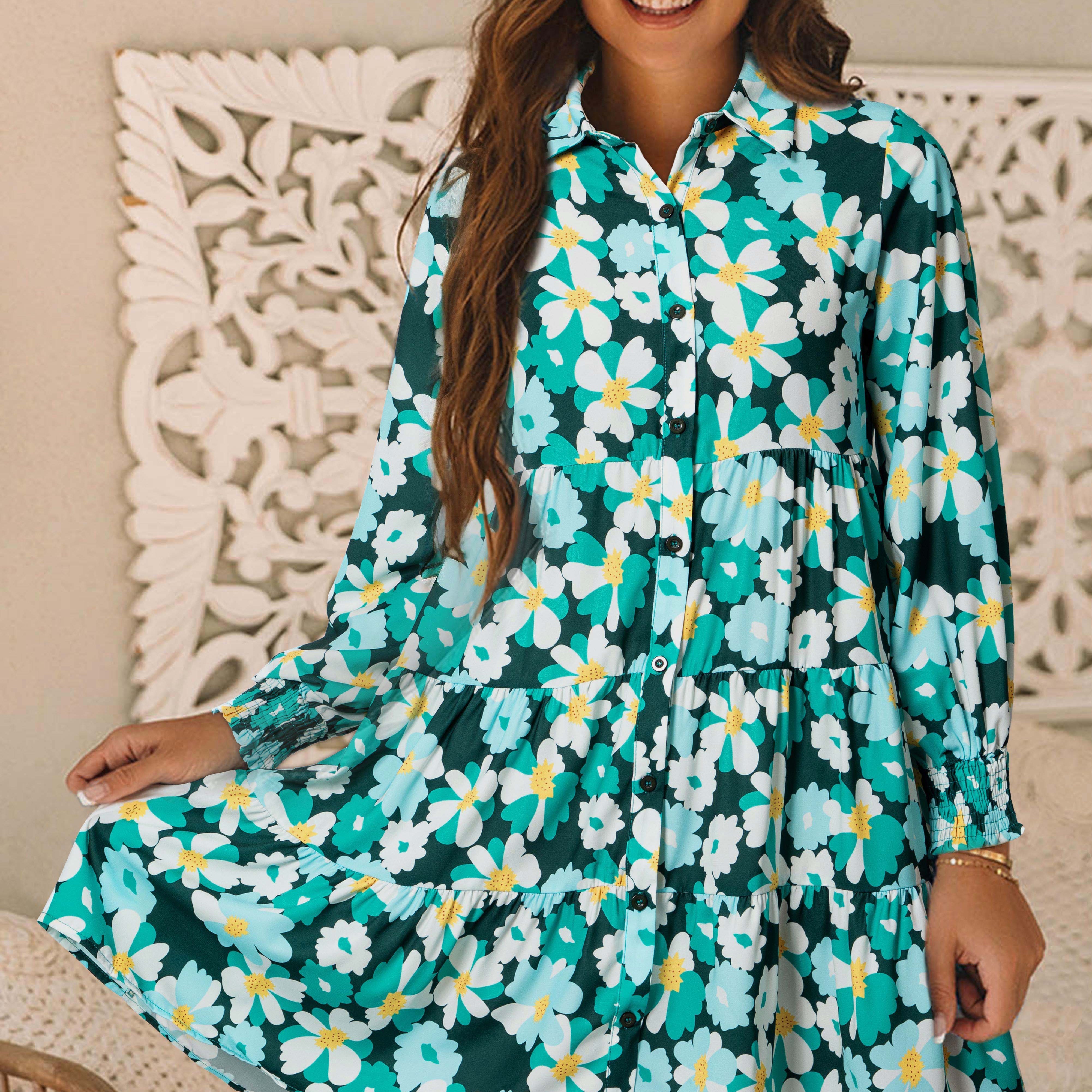 Green Floral Tiered Long Puff Sleeve Shirt Dress