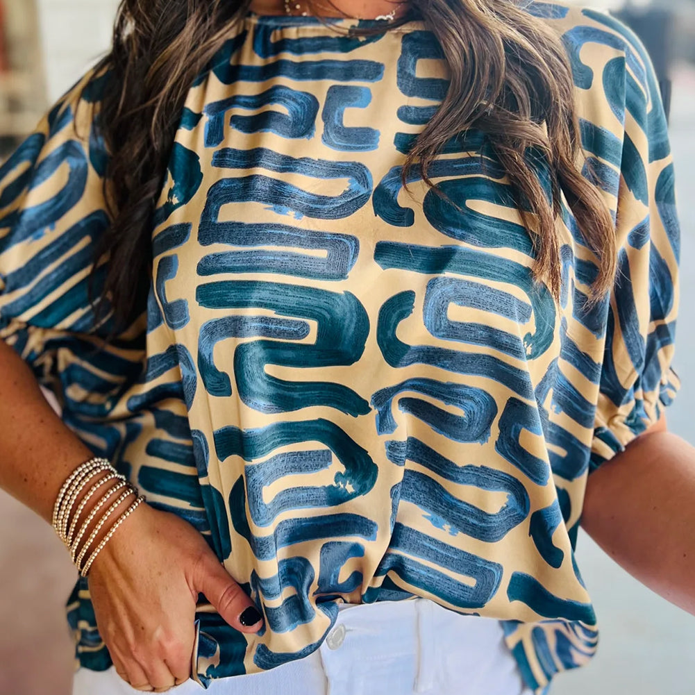 Beige Abstract Print Short Sleeve Loose Top