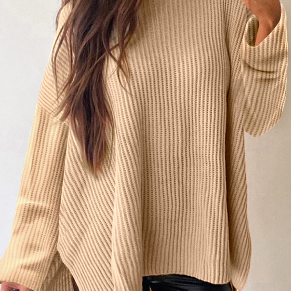 Apricot Cable Knit Drop Shoulder Side Slits Loose Sweater