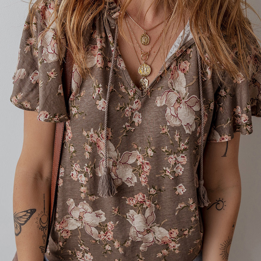 Khaki Retro Floral Print Tassel Tie Split Neck Short Sleeve Blouse
