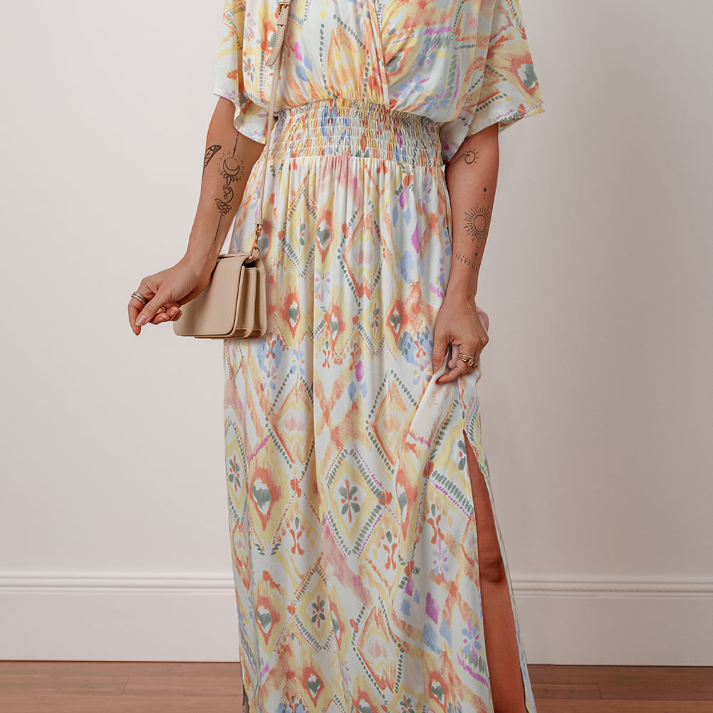 Multicolour Geometric Print Half Sleeve Shirred High Waist Maxi Dress