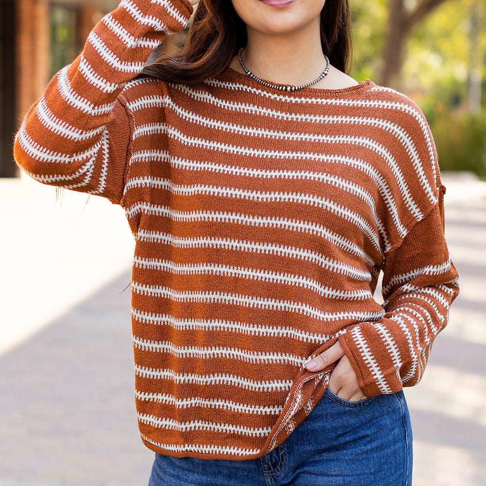 Green Stripe Drop Shoulder Casual Sweater