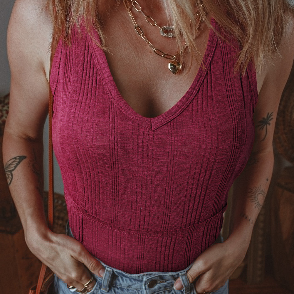 Red Dahlia Ribbed Textured Exposed Stitching Knit Tank Top