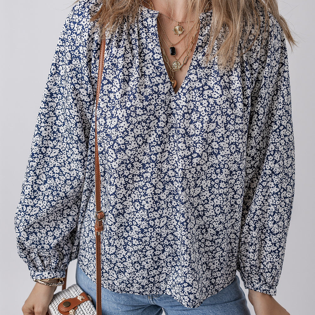 Blue Floral Print Notched V Neck Puff Sleeve Blouse