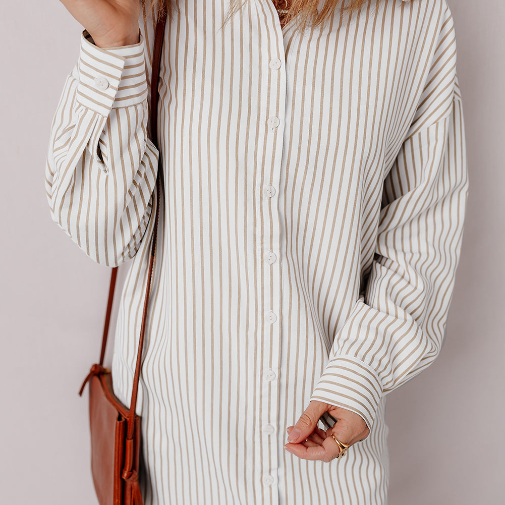 Khaki Stripe Long Sleeve Button Up Mini Shirt Dress