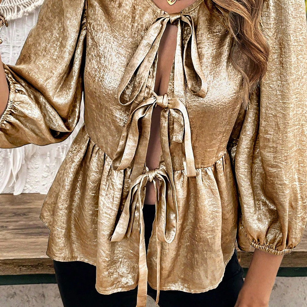 Gold Bow Tie Front Puff 3/4 Sleeve Ruffle Hem Blouse