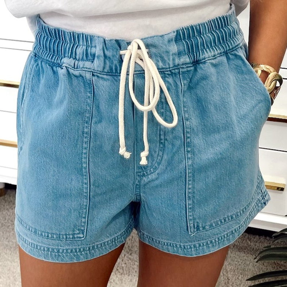 Beau Blue Contrast Drawstring Elastic Waist Denim Shorts