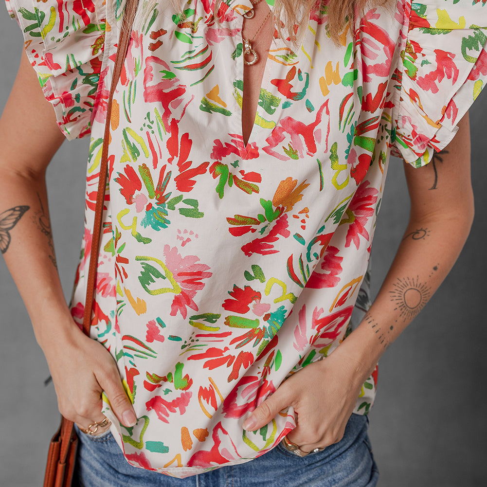 Multicolour Allover Floral Printed Flutter Sleeve Split Neck Blouse