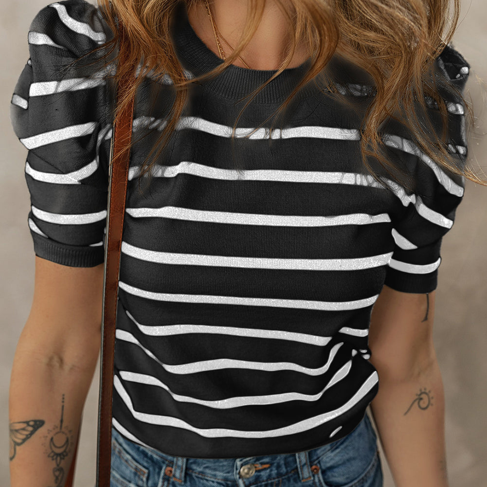 White Stripe Ribbed Trim Round Neck Bubble Sleeve Knitted Top