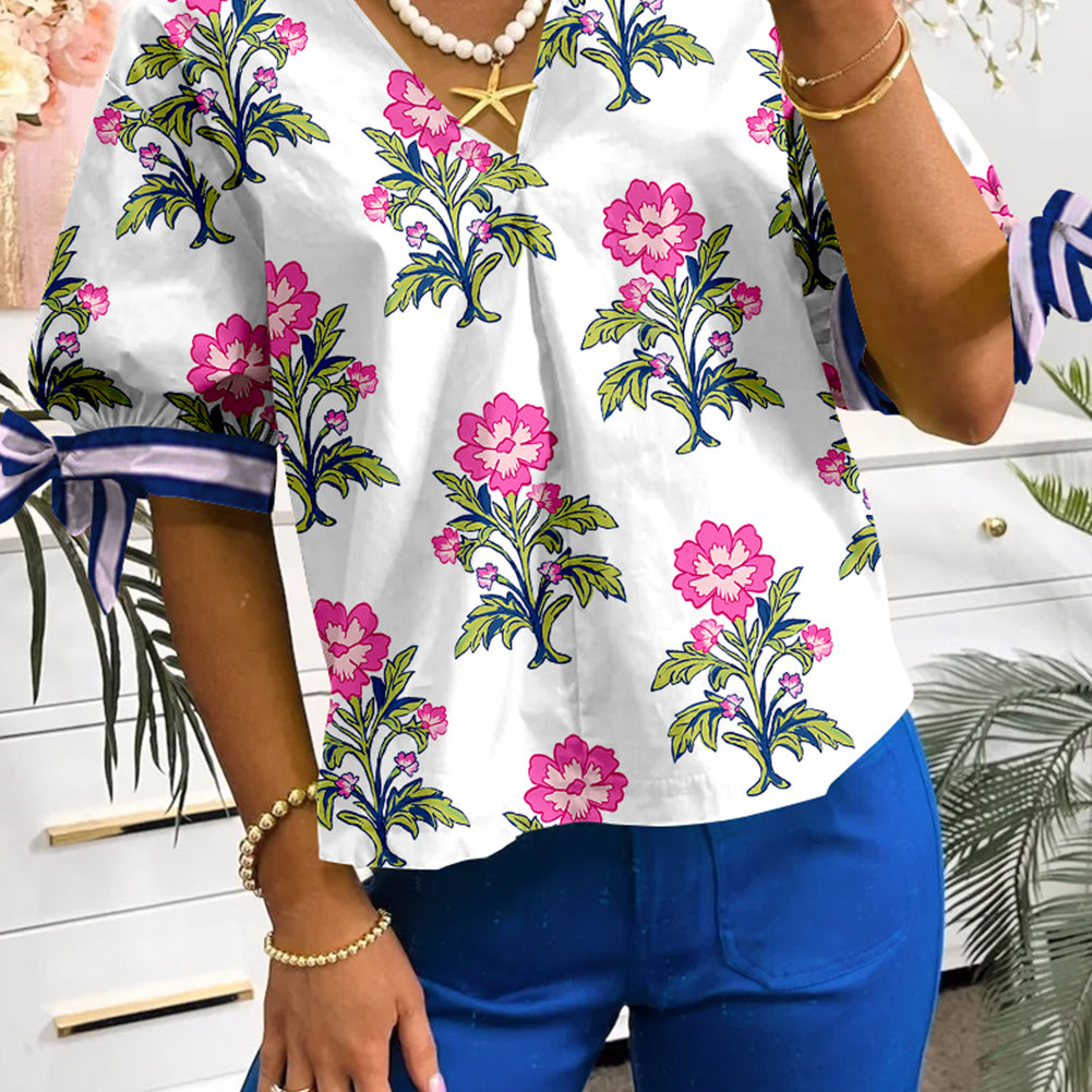 White Floral Colorblock Stripe Knot Bubble Sleeve V Neck Blouse