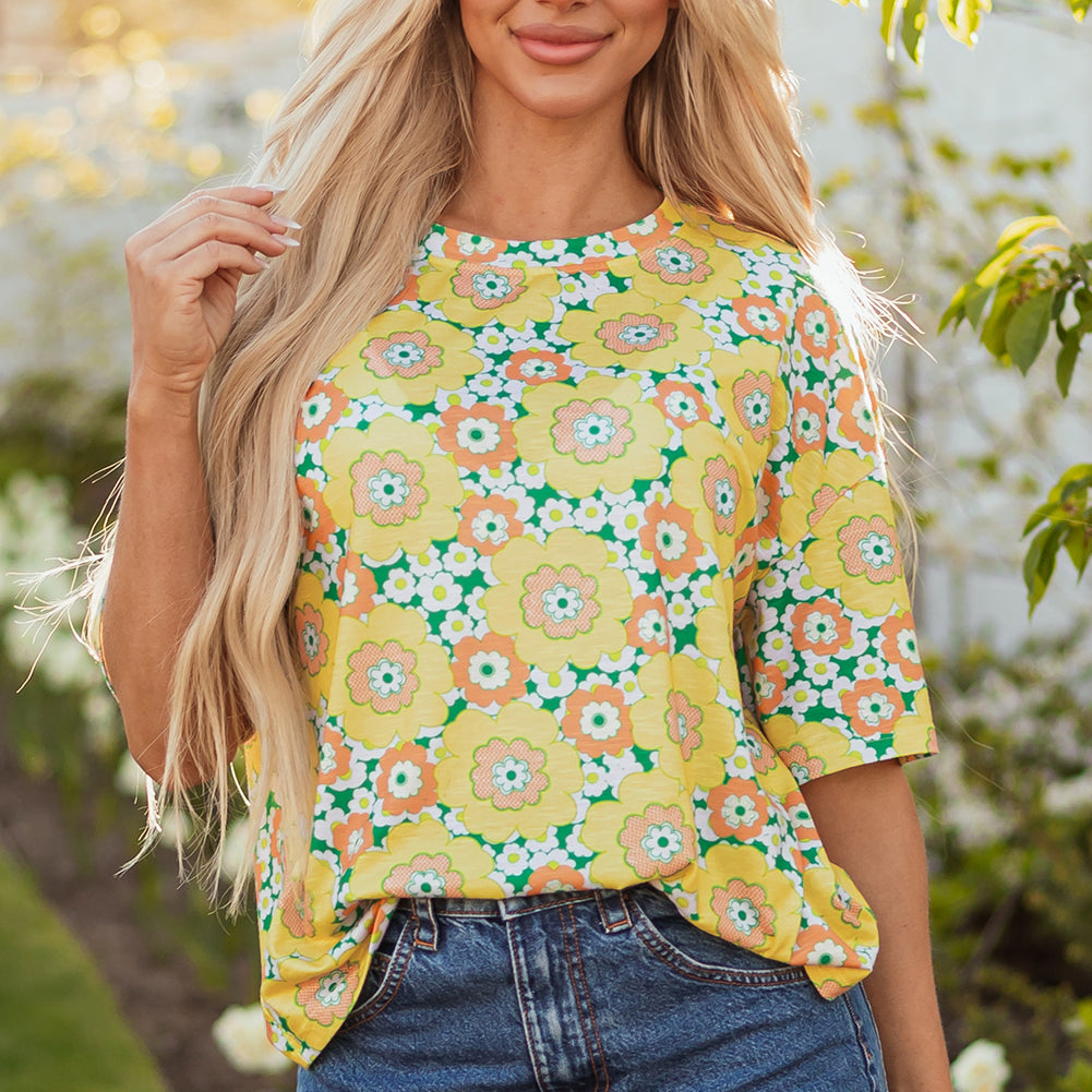 Yellow Summer Flower Printed Drop Shoulder Loose T Shirt