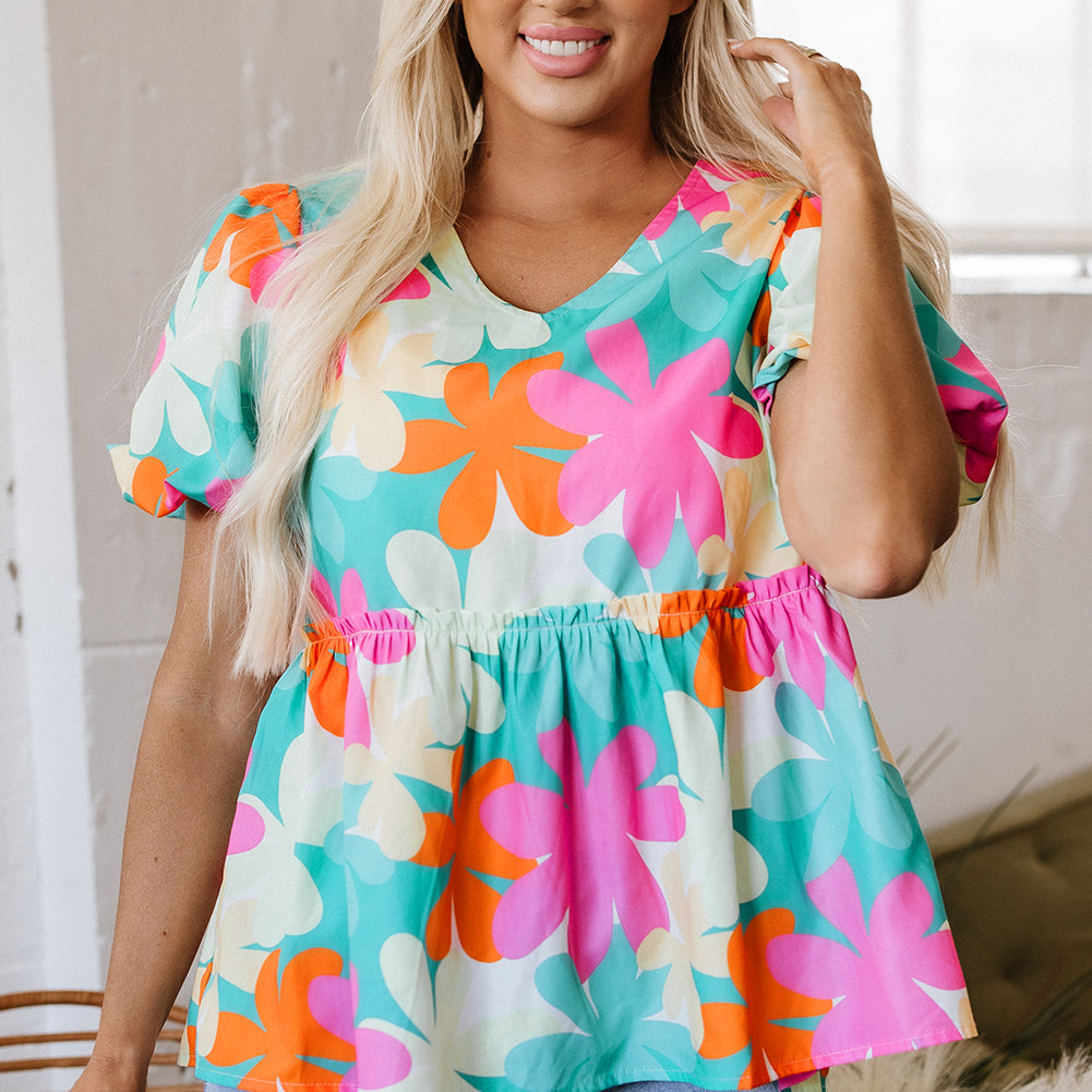 Pink Floral Print Bubble Sleeve V Neck Peplum Blouse