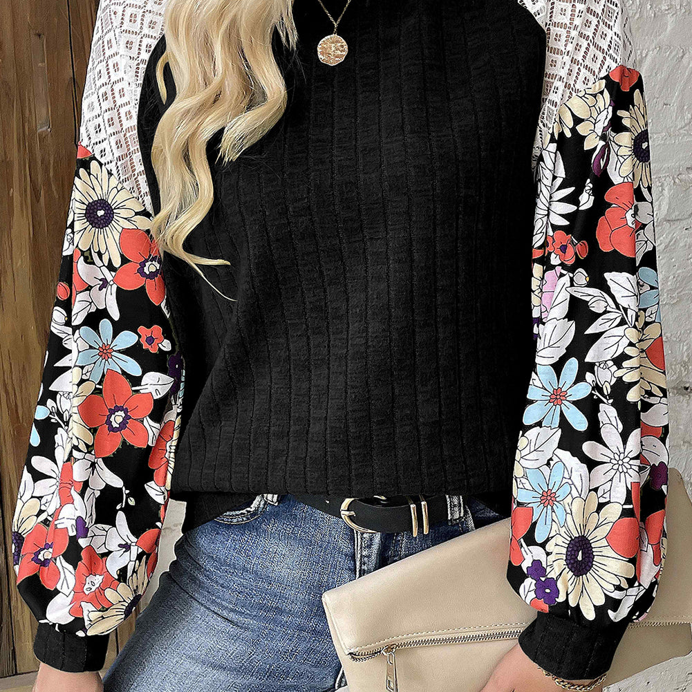 Laurel Green Floral Patchwork Long Sleeve Ribbed Blouse