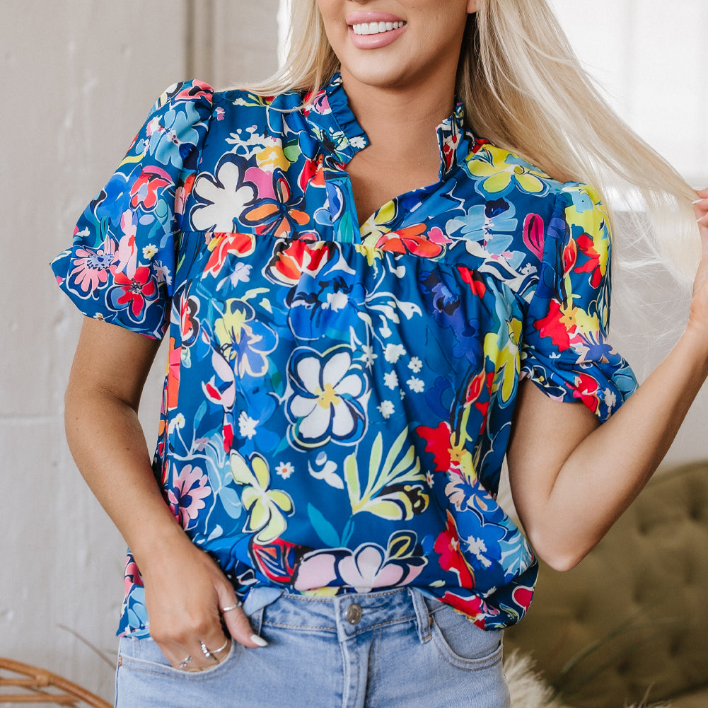 Blue Flower Print Collared V Neck Puff Short Sleeve Loose Blouse
